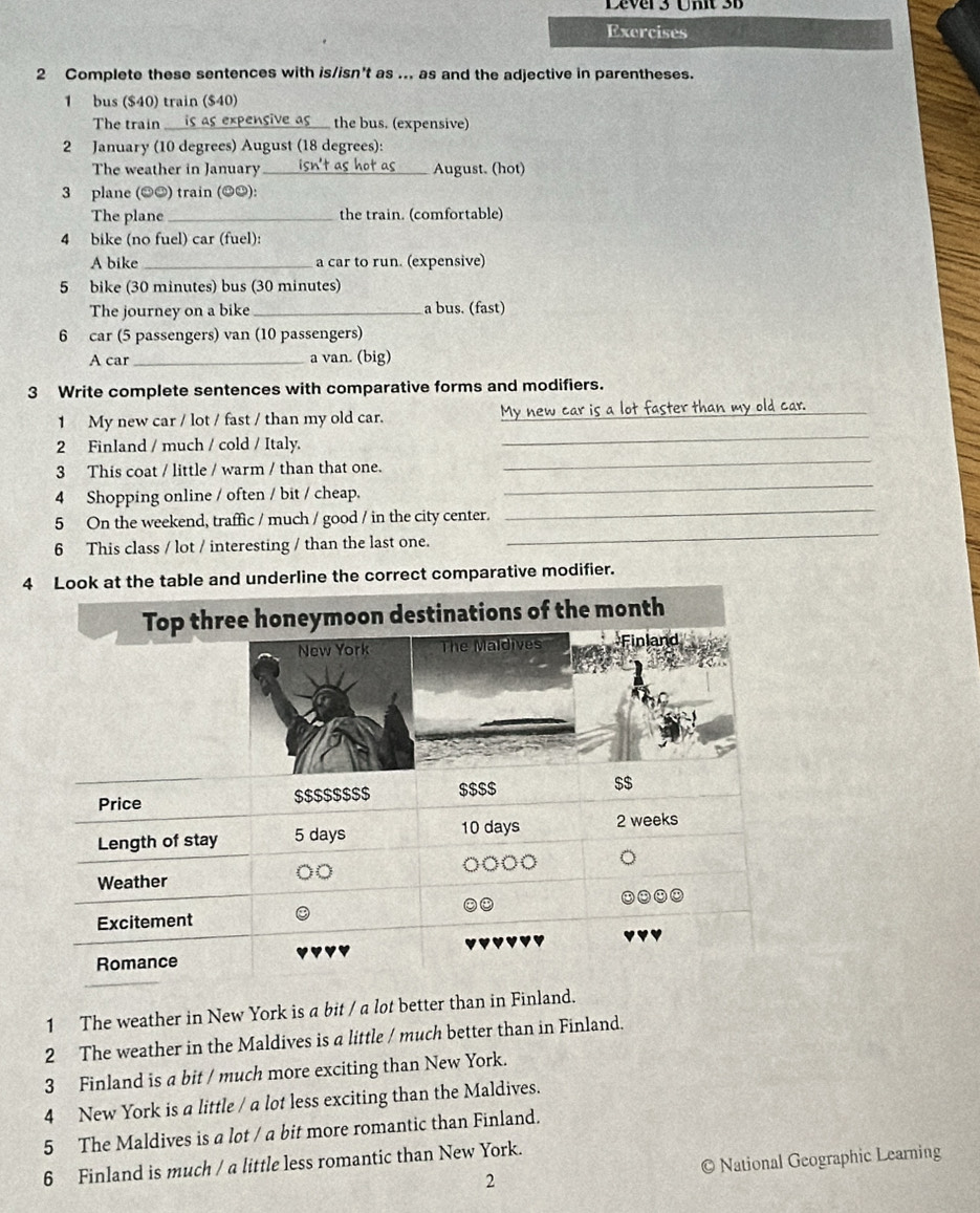 Complete these sentences with is/isn't as ... as and the adjective in parentheses. 
1 bus ($40) train ($40) 
The train is as expensive as the bus. (expensive) 
2 January (10 degrees) August (18 degrees): 
The weather in January _isn't as hot as_ August. (hot) 
3 plane (☺☺) train (☺☺): 
The plane _the train. (comfortable) 
4 bike (no fuel) car (fuel): 
A bike _a car to run. (expensive) 
5 bike (30 minutes) bus (30 minutes) 
The journey on a bike _a bus. (fast) 
6 car (5 passengers) van (10 passengers) 
A car_ a van. (big) 
3 Write complete sentences with comparative forms and modifiers. 
_ 
1 My new car / lot / fast / than my old car. _car is a lot faster than my old car _ 
2 Finland / much / cold / Italy. 
3 This coat / little / warm / than that one. 
_ 
_ 
4 Shopping online / often / bit / cheap. 
_ 
5 On the weekend, traffic / much / good / in the city center. 
6 This class / lot / interesting / than the last one. 
_ 
4 Look at the table and underline the correct comparative modifier. 
Top three honeymoon destinations of the month
New York The Maldives Finland 
Price $$$$$$ $ $ $$$$ $$
Length of stay 5 days 10 days 2 weeks
Weather 
Excitement 
Romance 
1 The weather in New York is a bit / a lot better than in Finland. 
2 The weather in the Maldives is a little / much better than in Finland. 
3 Finland is a bit / much more exciting than New York. 
4 New York is a little / a lot less exciting than the Maldives. 
5 The Maldives is a lot / a bit more romantic than Finland. 
6 Finland is much / a little less romantic than New York. 
2 © National Geographic Learning