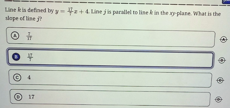 Solved: Line k is defined by y= 17/7 x+4. Line j is parallel to line k ...