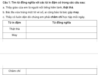 Tìm từ đồng nghĩa với các từ in đậm có trong các câu sau: 
a. Thầy giáo của em là người nổi tiếng hiền lành, thật thả. 
b. Bác Ba vừa trúng một tờ vé số, ai cũng bảo là bác gặp may. 
c. Thầy cô luôn dặn dò chúng em phải chăm chỉ học tập mỗi ngày. 
Chăm chỉ