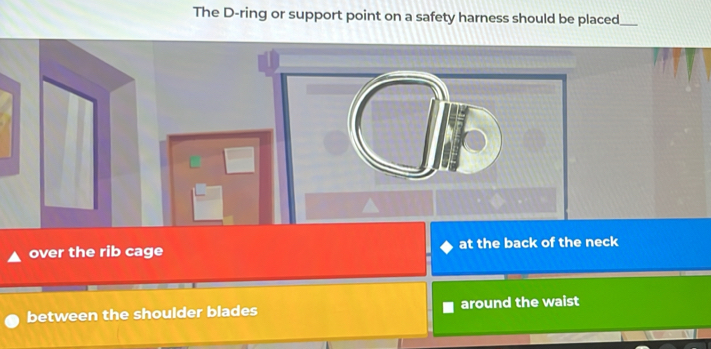 The D -ring or support point on a safety harness should be placed_
over the rib cage at the back of the neck
between the shoulder blades around the waist