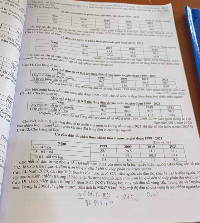 Năm năm 26
Câu 9, Cho bàng số liệu  ổ thập phân của %9
(Nguồn Niên giám Thống kê Việi Nam 2072, SCCB Thông kế, 2023)
Cho biết 1 số mới tỉnh của nước ta năm 2022 tng lên bào nhiều % au với năm 20107 đam mòn kố co đềm 7 c
s0 với năm 1996 chữ số thập ph
là 61,9 triệu ngu
t Nam 2022, SXB Thống kế, 2923)
1 o ữ số thập phần của
của nước tả năm 2022 so với năm 2010 lớn sơn bao nhinn t so v = 
Câu 10, Cho bàng số liệu
  
Số
21. NXB T
năm 2010?
6
m 2022, NXB Thống kê, 2023)
g thêm số vột năm 2010 nhiều nơn số dân số nữ tăng thêm là hao nhiều triều
đến 1 chữ số thập phân của triệu người)
( Câu 11. Cho bảng số liệu:
2022
NXB Thần
6.1
ết quả đtn giám thống kê Việt Nam
Câu 12. Cho bảng số liệu:  năm 2011, năm 2022)
g bình mỗi năm trong giai đoạn 1999 - 2021, dân số nước ta tăng thêm được bao nhiêu triệu người?
(Dq
202
Q
155
6,)
ố và nhà ở năm 1999, 2009, 2019; Niên giám thống kê Việt
Thôngy n 2 ch Cho biết, nếu tỉ lệ gia tăng dân số tự nhiện của nước ta không đổi từ năm 2021, thì dân số của nước ta năm 2024 là
Nam năm 2011, năm 2022)
bao nhiêu triệu người? (làm tròn kết quả đến hàng đơn vị của triệu người)
Câu 13. Cho bảng số liệu:
Cơ cấu dân số phân theo nhóm 
Triệu
_
_
2021 của nước ta là bao nhiêu triệu người? (Biết tổng dâm
u 2021 là 98,5 triệu người). (làm tròn kết qua đến 1 chữ số thập phần của triệu người).
Câu 14. Năm 2020, dân tộc Việt (Kinh) của nước ta có 82.9 triệu người, các dân tộc khác là 13,18 triệu người. N
vây người Kinh chiếm tỉ trọng là bao nhiêu % trong tổng số dân? (làm tròn kết quả đến số thập phần thử nhất của 
Cầu 15. Theo Niên giám thống kê năm 202 2 (NXB Thống kê), quy mô dân số vùng Bắc Trung Bộ và Duyên
miền Trung là 20661,7 nghìn người; diện tích là 95847.9km^2. Vậy mật độ dân số của vùng là bao nhiêu người/kn