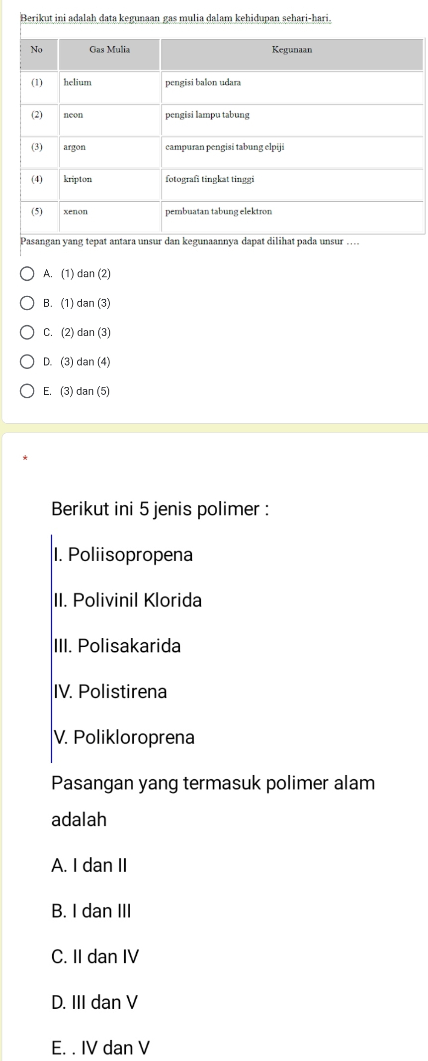 Berikut ini adalah data kegunaan gas mulia dalam kehidupan sehari-hari.
A. (1) dan (2)
B. (1) dan (3)
C. (2) c lan(3)
D. (3) dan (4)
E. (3) dan (5)
Berikut ini 5 jenis polimer :
I. Poliisopropena
II. Polivinil Klorida
III. Polisakarida
IV. Polistirena
V. Polikloroprena
Pasangan yang termasuk polimer alam
adalah
A. I dan II
B. I dan III
C. II dan IV
D. III dan V
E. . IV dan V