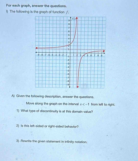 For each graph, answer the questions. 
l) The following is the graph of function ∫. 
A) Given the following description, answer the questions. 
Move along the graph on the interval x from left to right. 
1) What type of discontinuity is at this domain value? 
2) Is this left-sided or right-sided behavior? 
3) Rewrite the given statement in infinity notation.