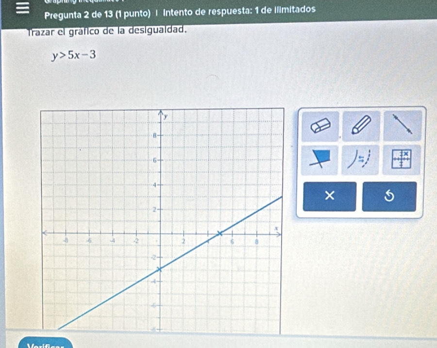 Pregunta 2 de 13 (1 punto) | Intento de respuesta: 1 de ilimitados 
Trázar el gráfico de la desigualdad.
y>5x-3
× 
Verifi