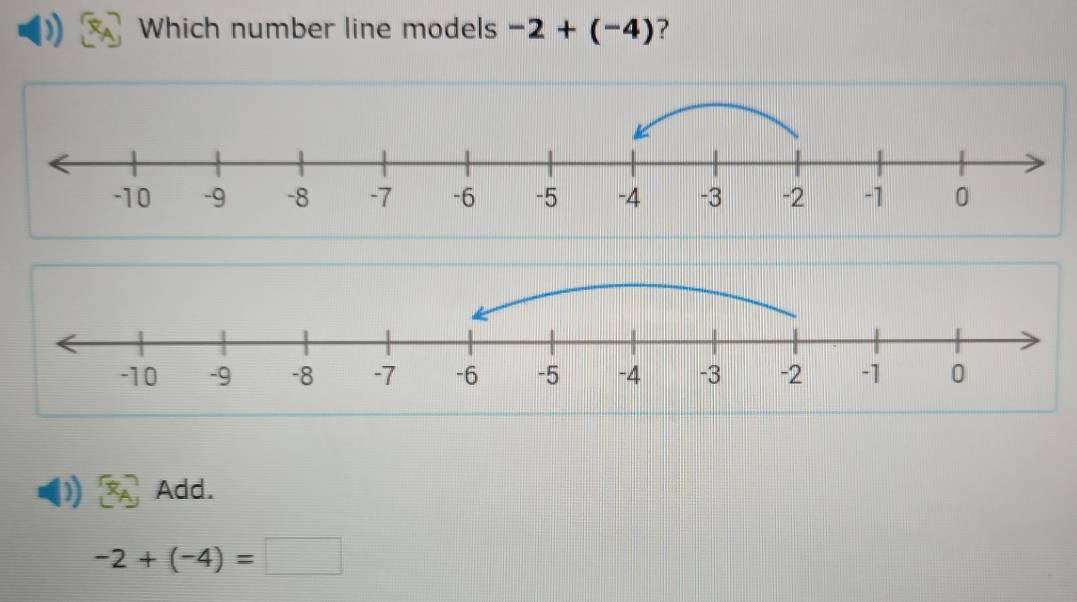 Which number line models -2+(-4) ?
Add.
-2+(-4)=□