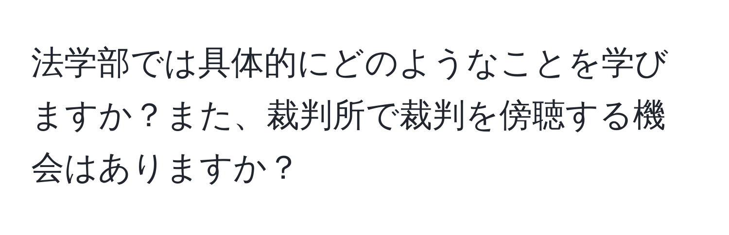 法学部では具体的にどのようなことを学びますか？また、裁判所で裁判を傍聴する機会はありますか？