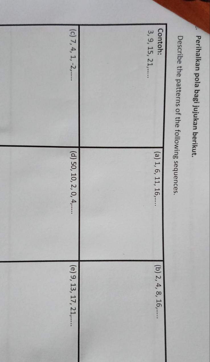 Perihalkan pola bagi jujukan berikut. 
Describe the patterns of the following sequences.