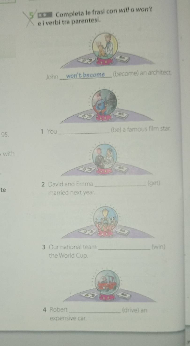 Completa le frasi con will o won't 
e i verbi tra parentesi. 
John __won't become__ (become) an architect. 
95. _(be) a famous film star. 
1 You 
with 
2 David and Emma _(get) 
te 
married next year. 
3 Our national team _(win) 
the World Cup. 
4 Robert _(drive) an 
expensive car.