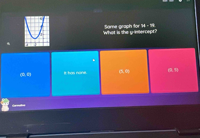 Same graph for 14 - 19.
What is the y-intercept?
(0,0)
It has none. (5,0) (0,5)
Carmalina