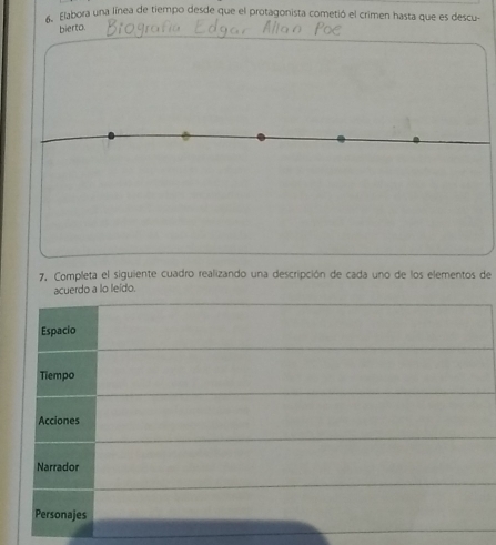 Elabora una línea de tiempo desde que el protagonista cometió el crimen hasta que es descu- 
bierto. 
7. Completa el siguiente cuadro realizando una descripción de cada uno de los elementos de 
acuerdo a lo leido. 
Espacio 
Tiempo 
Acciones 
Narrador 
Personajes