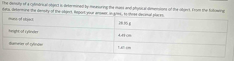 The density of a cylindrical object is determined by measuring the mass and physical dimensions of the object. From the following 
data, determine the density