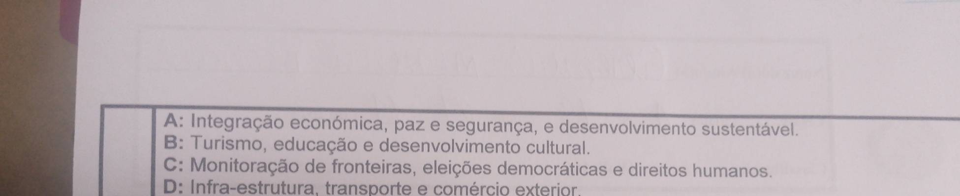 A: Integração económica, paz e segurança, e desenvolvimento sustentável.
B: Turismo, educação e desenvolvimento cultural.
C: Monitoração de fronteiras, eleições democráticas e direitos humanos.
D: Infra-estrutura, transporte e comércio exterior,