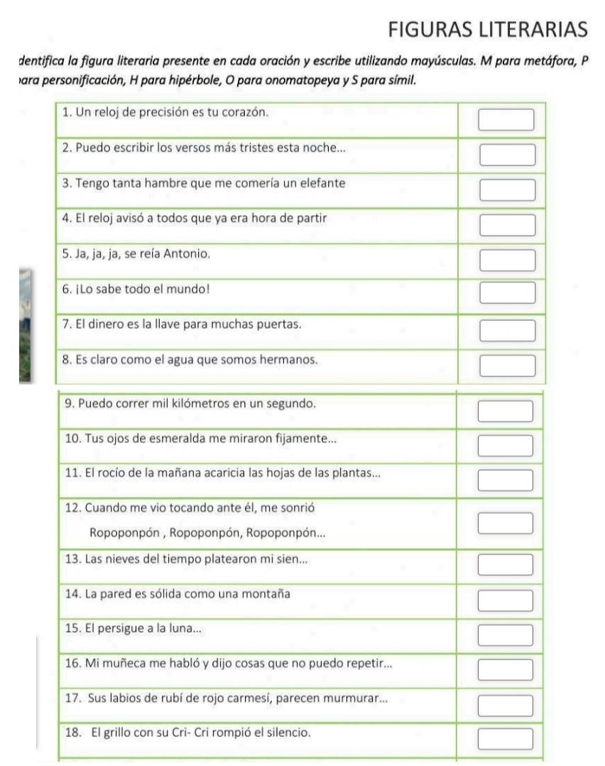 FIGURAS LITERARIAS 
dentifica la figura literaria presente en cada oración y escribe utilizando mayúsculas. M para metáfora, P 
ara personificación, H para hipérbole, O para onomatopeya y S para símil.