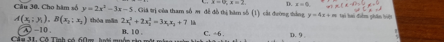 x=0; x=2. D. x=0. 
Câu 30. Cho hàm số y=2x^2-3x-5. Giá trị của tham số m đề đồ thị hàm số (1) cắt đường thẳng y=4x+m tại hai điểm phân biệt
A(x_1;y_1), B(x_2;x_2) thỏa mãn 2x_1^(2+2x_2^2=3x_1)x_2+7 là
A -10. B. 10. C. ÷6.
D. 9.
Câu 31. Cô Tình có 60m, lưới muốn rào một mảng