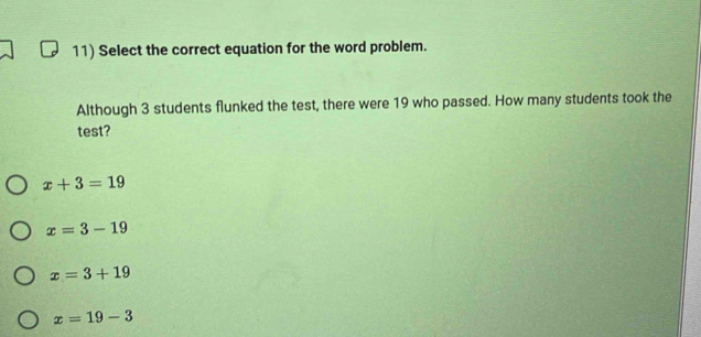 Solved: Select the correct equation for the word problem. Although 3 ...