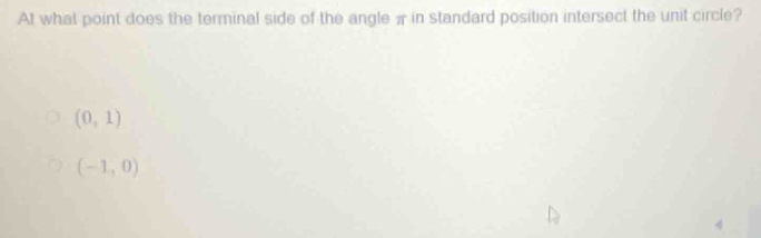 At what point does the terminal side of the angle π in standard position intersect the unit circle?
(0,1)
(-1,0)