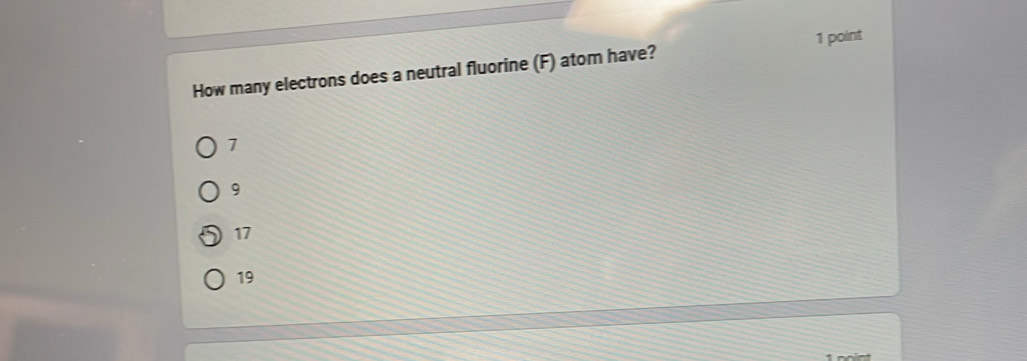 How many electrons does a neutral fluorine (F) atom have? 1 point
1
9
17
19