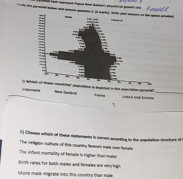 pyramid best represent Papua New Guinea's population growth rate
"rudy the pyramid below and answer question provided.
i) Wis depicted in this population pyramid?
Indonesia New Zealand France United Arab Emirate_
ii) Choose which of these statements is correct according to the population structure of t
The religion culture of this country favours male over female
The infant mortality of female is higher than males
Birth rates for both males and females are very high
More male migrate into this country than male