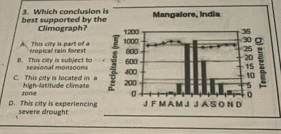 Which conclusion
best supported by th
Climograph?
A This city is part of a
tropical rain forest
B. This city is subject to 
seasonal monsoons
C. This city is located in a
high-latitude clímate
zone
D. This city is experiencing
severe drought_
_