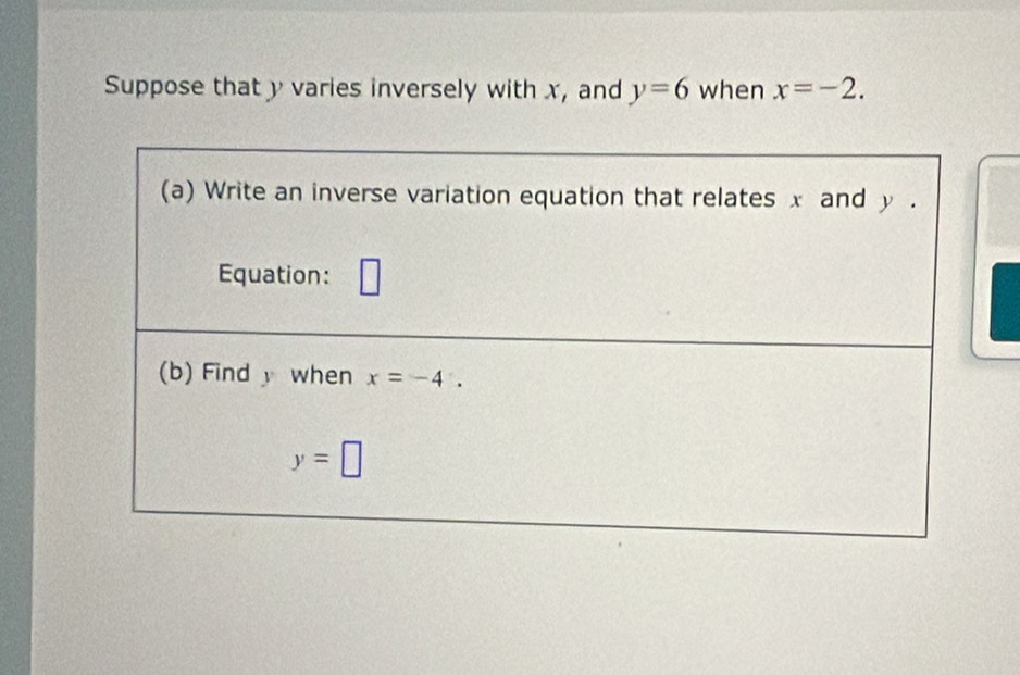 Suppose that y varies inversely with x, and y=6 when x=-2.