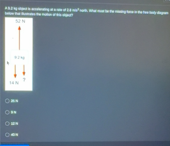 Solved: A 9.2 kg object is accelerating at a rate of 2.8m/s^2 north ...