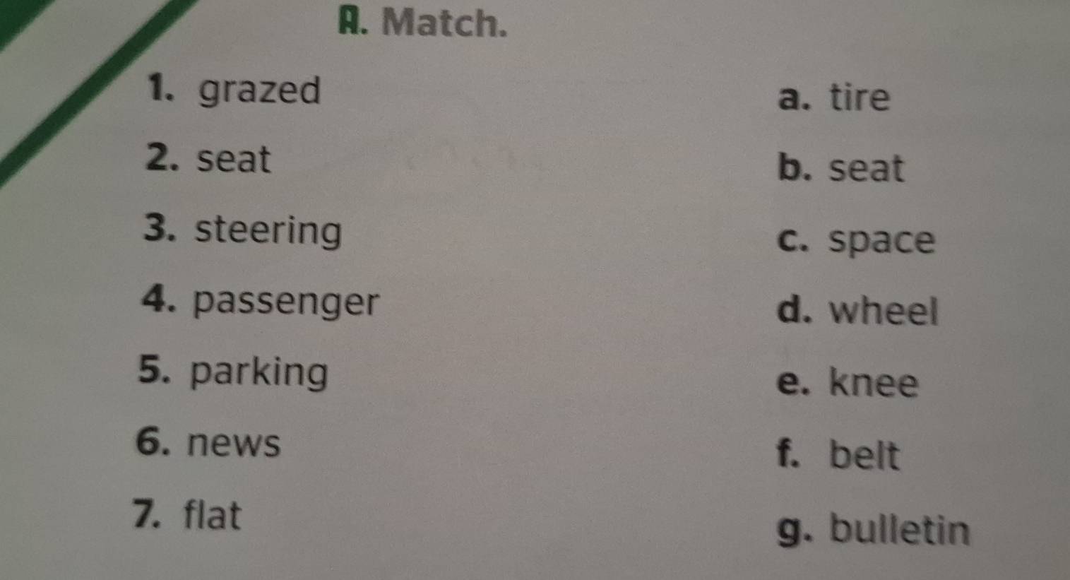 Match.
1. grazed a. tire
2. seat b. seat
3. steering
c. space
4. passenger d. wheel
5. parking e. knee
6. news f. belt
7. flat
g. bulletin