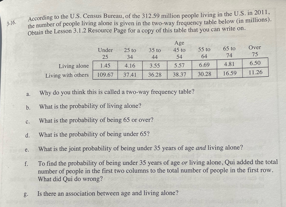 3-16. According to the U.S. Census Bureau, of the 312.59 million people living in the U.S. in 2011, 
the number of people living alone is given in the two-way frequency table below (in millions). 
Obtain the Lesson 3.1.2 Resource Page for a copy of this table that you can write on. 
a. Why do you think this is called a two-way frequency table? 
b. What is the probability of living alone? 
c. What is the probability of being 65 or over? 
d. What is the probability of being under 65? 
e. What is the joint probability of being under 35 years of age and living alone? 
f. To find the probability of being under 35 years of age or living alone, Qui added the total 
number of people in the first two columns to the total number of people in the first row. 
What did Qui do wrong? 
g. Is there an association between age and living alone?