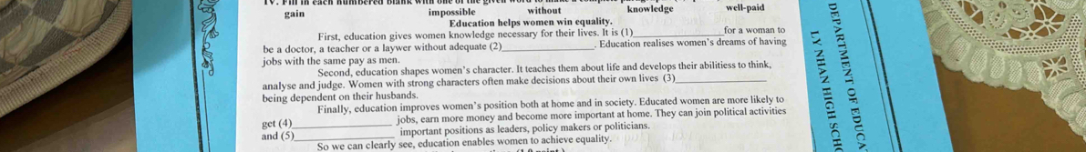 gain impossible without knowledge well-paid
Education helps women win equality.
First, education gives women knowledge necessary for their lives. It is (1)
be a doctor, a teacher or a laywer without adequate (2)_ Education realises women's dreams of having 3
jobs with the same pay as men.
Second, education shapes women’s character. It teaches them about life and develops their abilitiess to think,
Finally, education improves women’s position both at home and in society. Educated women are more likely to :
analyse and judge. Women with strong characters often make decisions about their own lives (3)
being dependent on their husbands.
get (4) jobs, earn more money and become more important at home. They can join political activities
and (5)__ important positions as leaders, policy makers or politicians.
So we can clearly see, education enables women to achieve equality.