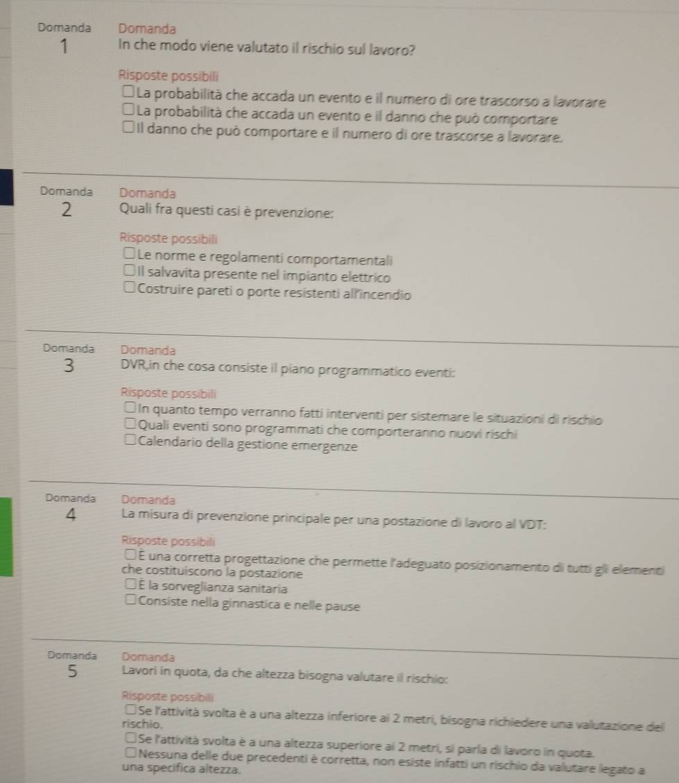 Domanda Domanda
1 In che modo viene valutato il rischio sul lavoro?
Risposte possibili
* La probabilità che accada un evento e il numero di ore trascorso a lavorare
La probabilità che accada un evento e il danno che può comportare
Il danno che può comportare e il numero di ore trascorse a lavorare.
Domanda Domanda
2  Quali fra questi casi è prevenzione:
Risposte possibili
Le norme e regolamenti comportamentali
Il salvavita presente nel impianto elettrico
Costruire pareti o porte resistenti allincendio
Domanda Domanda
3 DVR,in che cosa consiste il piano programmatico eventi:
Risposte possibili
In quanto tempo verranno fatti interventi per sistemare le situazioni di rischio
Quali eventi sono programmati che comporteranno nuovi rischi
Calendario della gestione emergenze
Domanda Domanda
4  La misura di prevenzione principale per una postazione di lavoro al VDT:
Risposte possibili
É É una corretta progettazione che permette l'adeguato posizionamento di tutti gli elementi
che costituiscono la postazione
l À la sorveglianza sanitaria
Consiste nella ginnastica e nelle pause
Domanda Domanda
5 Lavori in quota, da che altezza bisogna valutare il rischio:
Risposte possibili
* Se l'attività svolta è a una altezza inferiore ai 2 metri, bisogna richiedere una valutazione del
rischio.
*Se l'attività svolta è a una altezza superiore ai 2 metri, si parla di lavoro in quota.
* Nessuna delle due precedenti é corretta, non esiste infatti un rischio da valutare legato a
una specifica altezza.