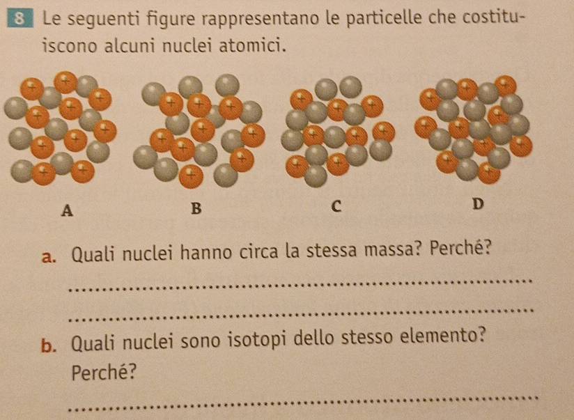 Le seguenti figure rappresentano le particelle che costitu- 
iscono alcuni nuclei atomici. 
a. Quali nuclei hanno circa la stessa massa? Perché? 
_ 
_ 
b. Quali nuclei sono isotopi dello stesso elemento? 
Perché? 
_