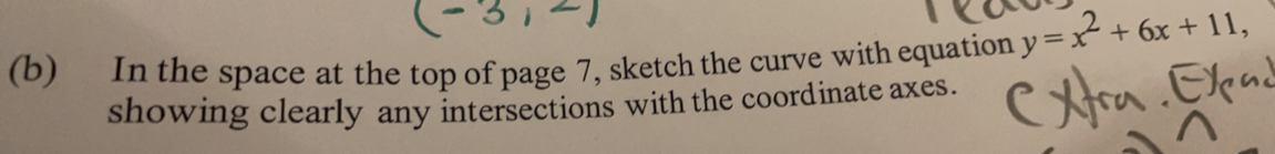 In the space at the top of page 7, sketch the curve with equation y=x^2+6x+11, 
showing clearly any intersections with the coordinate axes..