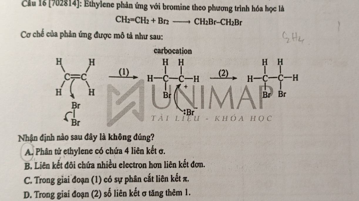 Cầu 16 [702814]: Ethylene phản ứng với bromine theo phương trình hóa học là
CH_2=CH_2+Br_2to CH_2Br-CH_2Br
Cơ chế của phản ứng được mô tả như sau:
Nhận định nào sau đây là không đúng?
A. Phân tử ethylene có chứa 4 liên kết σ.
B. Liên kết đôi chứa nhiều electron hơn liên kết đơn.
C. Trong giai đoạn (1) có sự phân cắt liên kết π.
D. Trong giai đoạn (2) số liên kết σ tăng thêm 1.