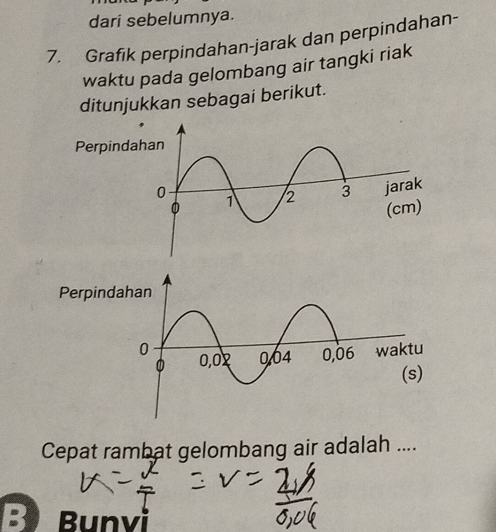 dari sebelumnya. 
7. Grafik perpindahan-jarak dan perpindahan- 
waktu pada gelombang air tangki riak 
ditunjukkan sebagai berikut. 
Perpinda 
Perpi 
Cepat rambat gelombang air adalah .... 
3 Bunvi