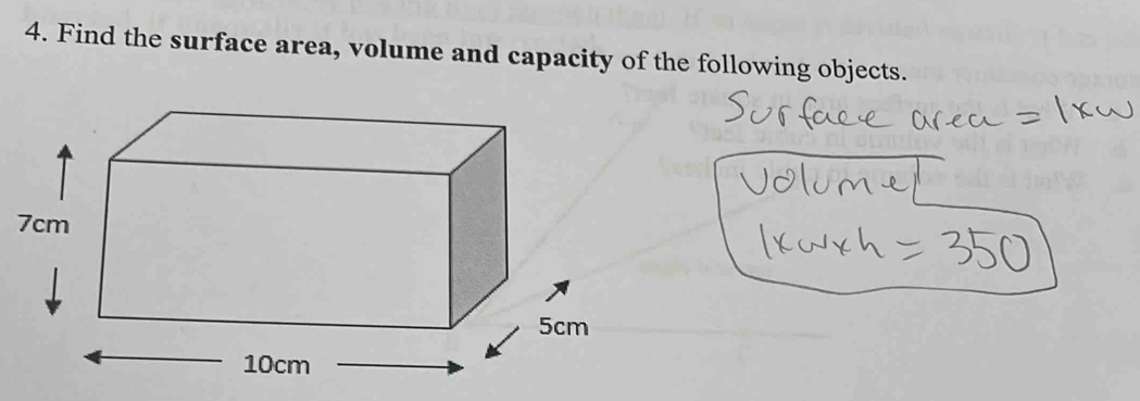 Find the surface area, volume and capacity of the following objects.