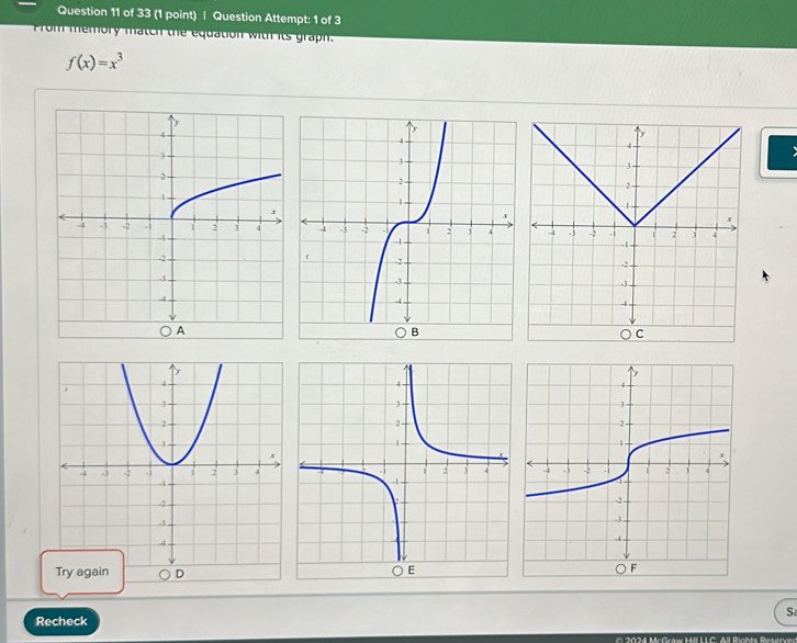 Question Attempt: 1 of 3 
m memory match the equation with its graph.
f(x)=x^3
S 
Recheck 
24 c raw Hll L LC. A l Rght Rerr