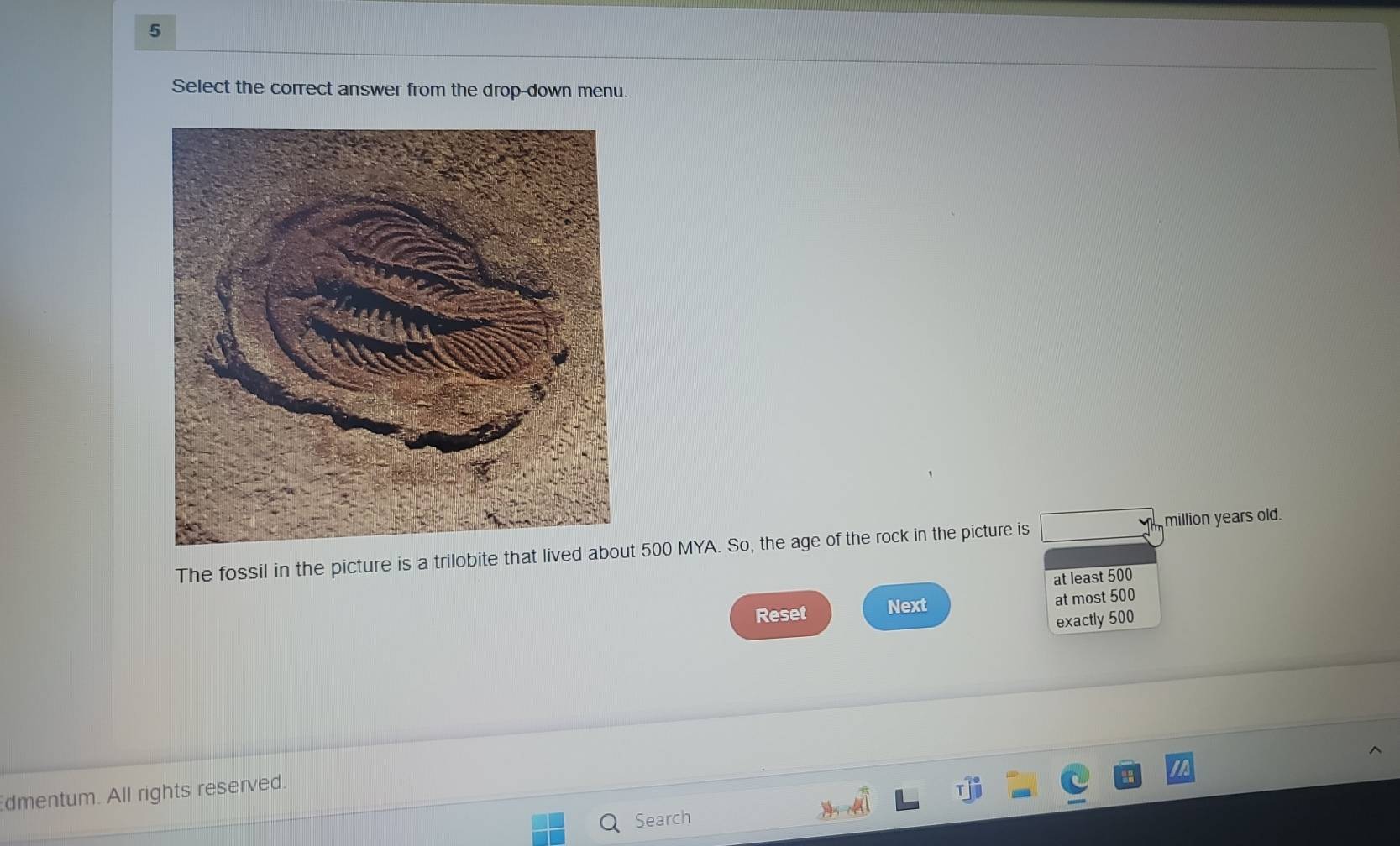 Select the correct answer from the drop-down menu.
The fossil in the picture is a trilobite that lived about 500 MYA. So, the age of the rock in the picture is million years old.
at least 500
Reset Next at most 500
exactly 500
dmentum. All rights reserved.
Search