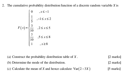 The cumulative probability distribution function of a discrete random variable X is
f(x)=beginarrayl 0beginarrayl -3,-1
(a) Construct the probability distribution table of X. [2 marks] 
(b) Determine the mode of the distribution. [2 marks] 
(c) Calculate the mean of X and hence calculate Var(2-3X) [5 marks]