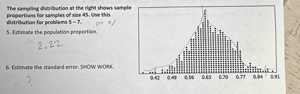 The sampling distribution at the right shows sampl 
proportions for samples of size 45. Use this 
distribution for problems 5-7. 
5. Estimate the population proportion. 
6. Estimate the standard error. SHOW WORK.