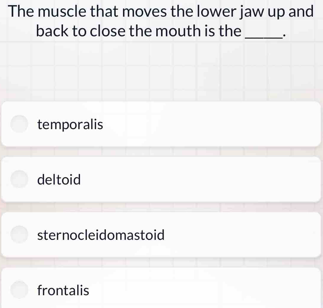 The muscle that moves the lower jaw up and
back to close the mouth is the_
.
temporalis
deltoid
sternocleidomastoid
frontalis