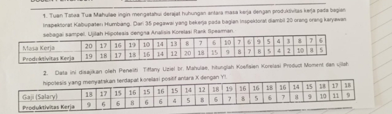 Tuan Tatea Tua Mahulae ingin mengetahui derajat huhungan antara masa kerja dengan produktivitas kerja pada bagian 
Inspektorat Kabupatenı Humbang. Dari 35 pegawai yang bekerja pada bagian Inspektorat diambil 20 orang orang karyawan 
bagai sampel. Ujilah Hipotesis dengna Analisis Korelasi Rank Spearman. 
2. Data ini disajikan oleh Peneliti Tiffany Uziel br. Mahulae, hitunglah Koefisien Korelasi Product M
si positif antara X dengan Y!.