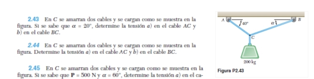 2.43 En C se amarran dos cables y se cargan como se muestra en la 
figura. Si se sabe que alpha =20° , determine la tensión a) en el cable AC y
b) en el cable BC.
2.44 En C se amarran dos cables y se cargan como se muestra en la
figura. Determine la tensión a) en el cable AC y b) en el cable BC.
2.45 En C se amarran dos cables y se cargan como se muestra en la
figura. Si se sabe que P=500N y alpha =60° , determine la tensión 4) en el ca- Figura P2.43