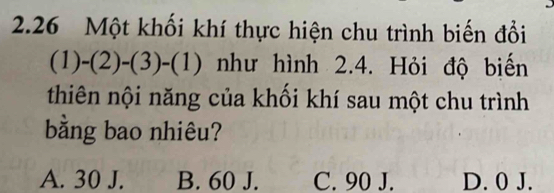 2.26 Một khối khí thực hiện chu trình biến đổi
(1)-(2)-(3)-(1) như hình 2.4. Hỏi độ biến
thiên nội năng của khối khí sau một chu trình
bằng bao nhiêu?
A. 30 J. B. 60 J. C. 90 J. D. 0 J.