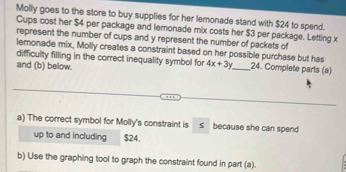 Molly goes to the store to buy supplies for her lemonade stand with $24 to spend. 
Cups cost her $4 per package and lemonade mix costs her $3 per package. Letting x
represent the number of cups and y represent the number of packets of 
lemonade mix, Molly creates a constraint based on her possible purchase but has 
difficulty filling in the correct inequality symbol for 4x+3y _ 24. Complete parts (a) 
and (b) below. 
a) The correct symbol for Molly's constraint is s because she can spend 
up to and including $24. 
b) Use the graphing tool to graph the constraint found in part (a).