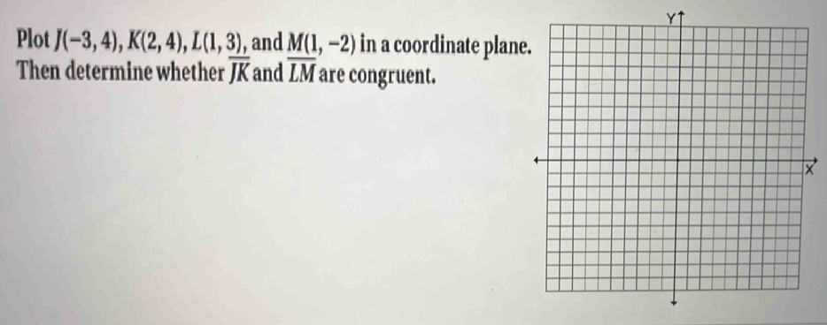 Plot J(-3,4), K(2,4), L(1,3) , and M(1,-2) in a coordinate plane 
Then determine whether overline JK and overline LM are congruent.