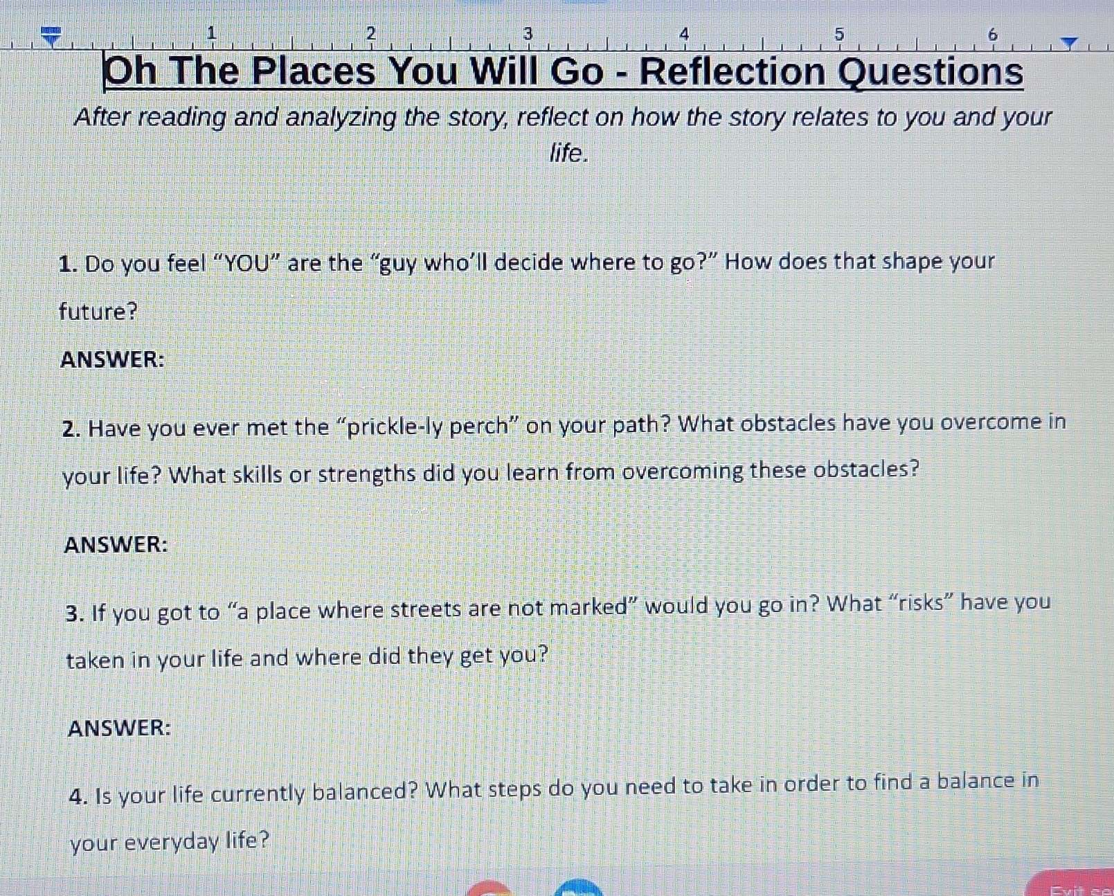 Solved: 1 2 3 4 5 6 Oh The Places You Will Go - Reflection Questions ...