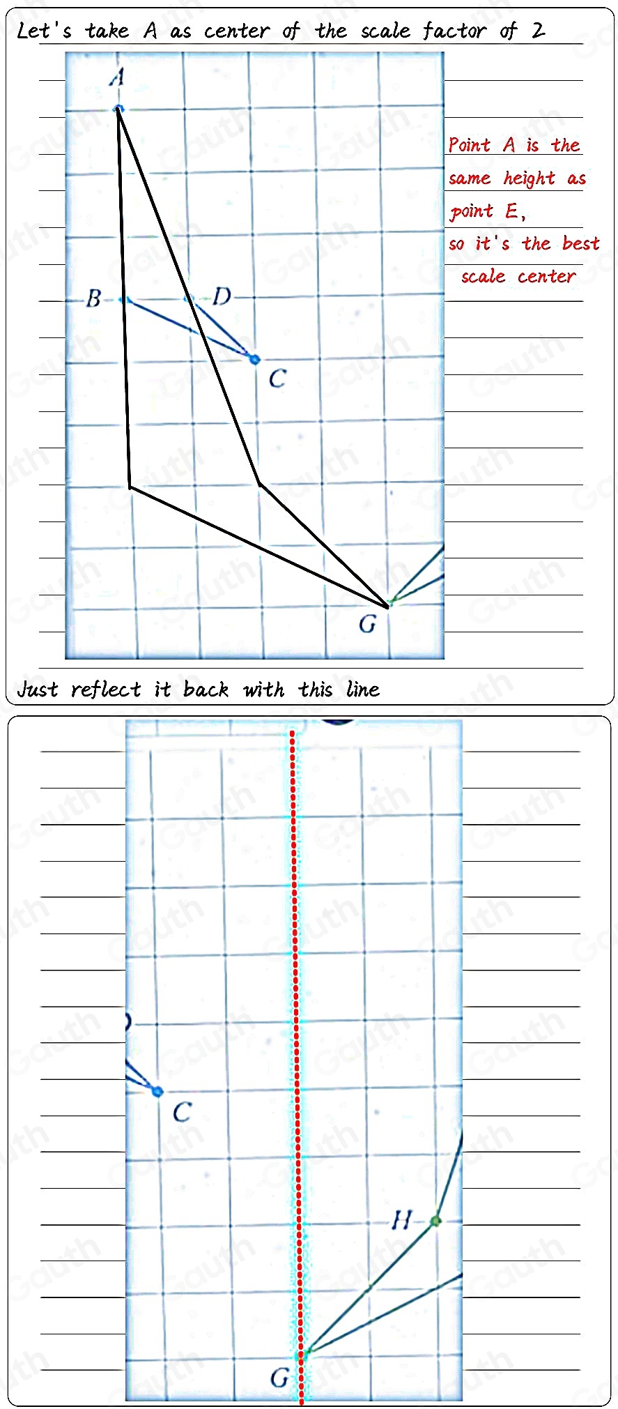 Let's take A as center of the scale factor of 2
s
st 
Just reflect it back with this line
C
H
G