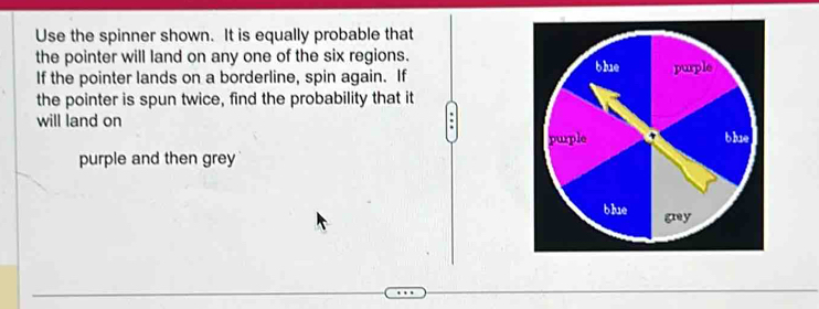 Use the spinner shown. It is equally probable that 
the pointer will land on any one of the six regions. 
If the pointer lands on a borderline, spin again. If 
the pointer is spun twice, find the probability that it 
will land on . 
purple and then grey