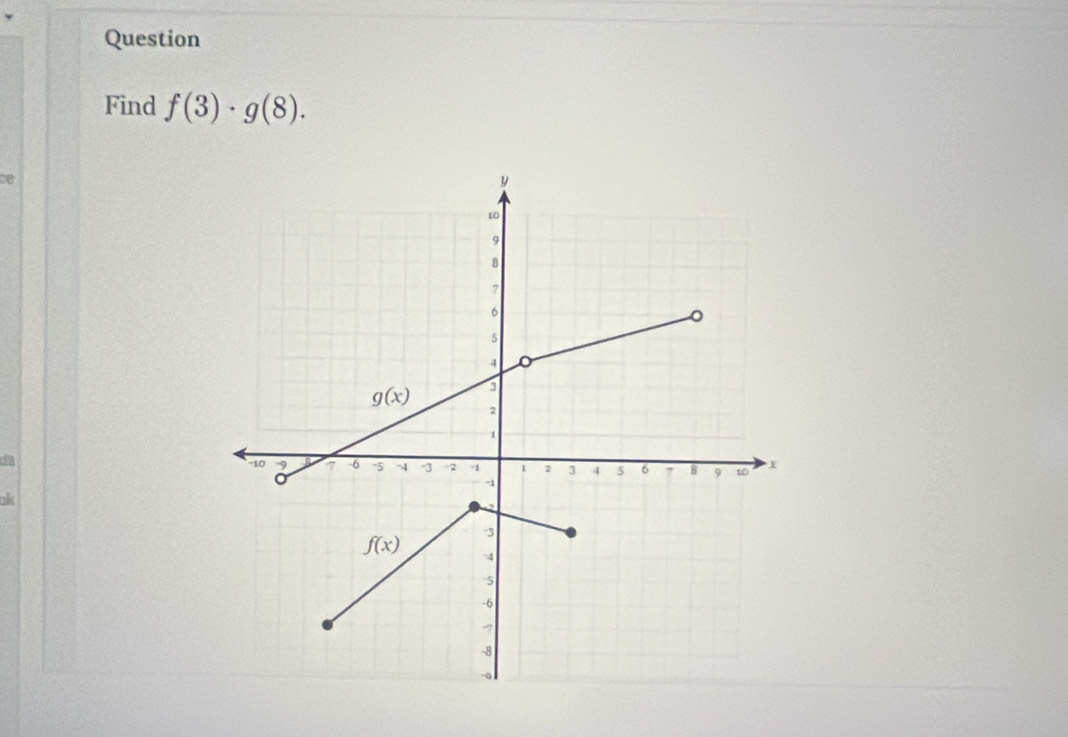 Question
Find f(3)· g(8).
be
ds 
ok