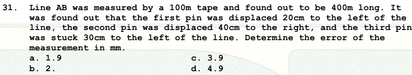 Solved: Line AB was measured by a 100m tape and found out to be 400m ...