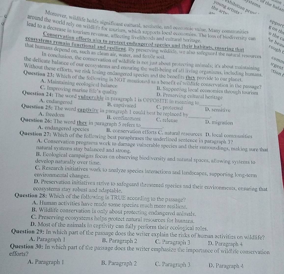 Won
Mystems
of the balar
exhibition prow
young artists
an
the art g on th
Moreover, wildlife holds significant cultural, aesthetic, and economic value. Many communities
opport
c around the world rely on wildlife for tourism, which supports local economies. The loss of biodiversity car
σ lead to a decrease in tourism revenue, affecting livelihoods and cultural heritage.
o the ca
Conservation efforts aim to protect endangered species and their habitats, ensuring that
he beat rough t
ecosystems remain functional and resilient. By preserving wildlife, we also safeguard the natural resources
that humans depend on, such as clean air, water, and fertile soil.
comm
In conclusion, the conservation of wildlife is not just about protecting animals; it's about maintaining
irgent
the delicate balance of our ecosystems and ensuring the well-being of all living organisms, including humans.
Without these efforts, we risk losing endangered species and the benefits they provide to our planet.
ction f
Question 23: Which of the following is NOT mentioned as a benefit of wildlife conservation in the passage?
A. Maintaining ecological balance B. Supporting local economies through tourism
C. Improving marine life’s quality D. Preserving cultural heritage
Question 24: The word yulnerable in paragraph 1 is OPPOSITE in meaning to .
A. endangered B. captivated C. protected D. sensitive
Question 25: The word captivity in paragraph 1 could best be replaced by_ _.
A. freedom B. confinement C. release D. migration
Question 26: The word they in paragraph 5 refers to_ .
A. endangered species B. conservation efforts C. natural resources D. local communities
Question 27: Which of the following best paraphrases the underlined sentence in paragraph 3?
A. Conservation programs work to damage vulnerable species and their surroundings, making sure that
natural systems stay balanced and strong.
B. Ecological campaigns focus on observing biodiversity and natural spaces, allowing systems to
develop naturally over time.
C. Research initiatives work to analyze species interactions and landscapes, supporting long-term
environmental changes.
D. Preservation initiatives strive to safeguard threatened species and their environments, ensuring that
ecosystems stay robust and adaptable.
Question 28: Which of the following is TRUE according to the passage?
A. Human activities have made some species much more resilient.
B. Wildlife conservation is only about protecting endangered animals.
C. Preserving ecosystems helps protect natural resources for humans.
D. Most of the animals in captivity can fully perform their ecological roles.
Question 29: In which part of the passage does the writer explain the risks of human activities on wildlife?
A. Paragraph 1 B. Paragraph 2 C. Paragraph 3 D. Paragraph 4
Question 30: In which part of the passage does the writer emphasize the importance of wildlife conservation
efforts?
A. Paragraph 1 B. Paragraph 2 C. Paragraph 3 D. Paragraph 4
